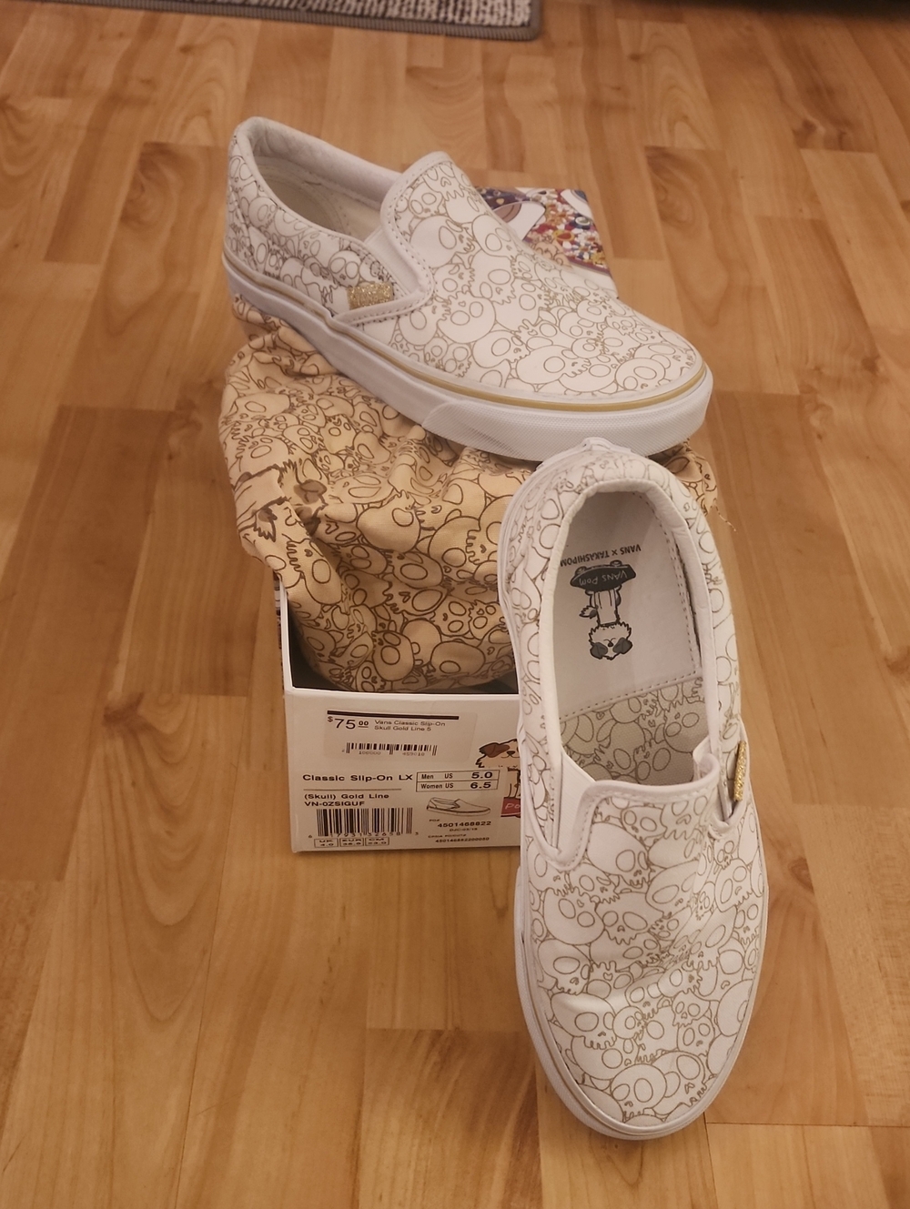 Vans White Slip-On with Gold  Skull Gold Line Murakami (M -5, W 6.5)